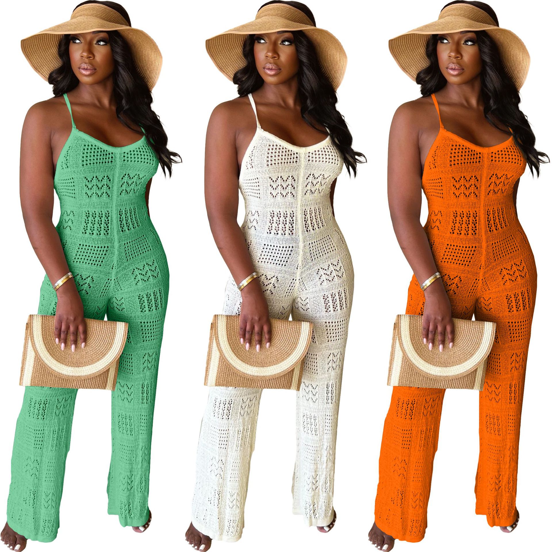 Women's solid color yarn knitted sexy suspender geometric hollow jumpsuit