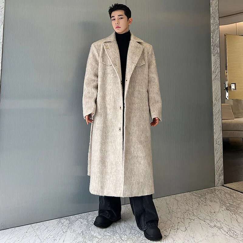 Autumn Winter Men's Woolen Long Trench Coat Thickened Fleece Elegant Street Male Stylish Belt Design Windbreaker