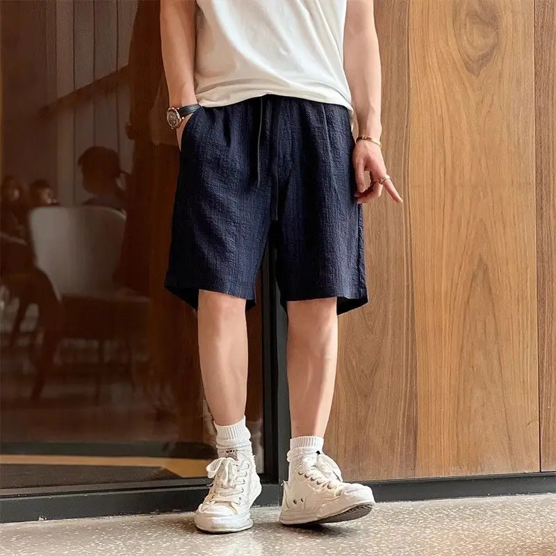 Vintage Solid Elastic Waist Mens Casual Shorts Summer Drawstring Pocket Sports Loose Trendy Straight Black Beach 250109