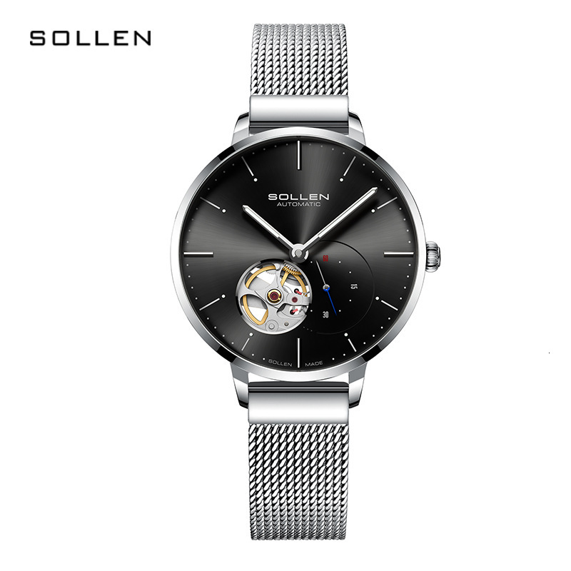SOLLEN Ladies' Fashionable Skeleton Dial Automatic Mechanical Watch with Nylon Strap