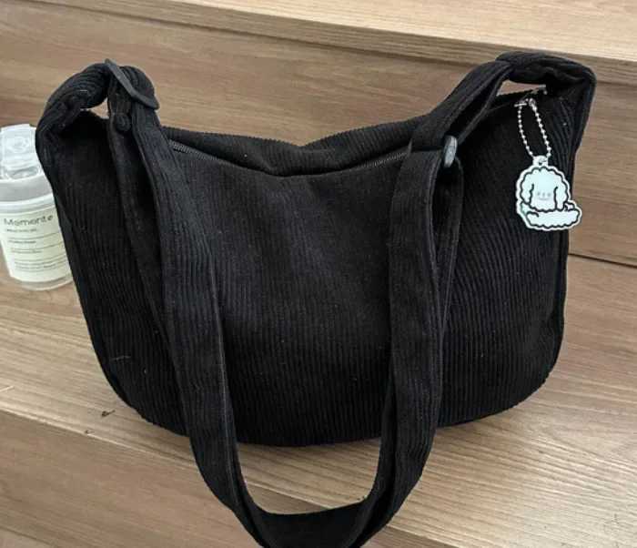Black Corduroy Bags for Women Japanese Canvas Large Single Shoulder Crossbody Dumpling Bag Student Korean Casual Simple HandbagXJ250108