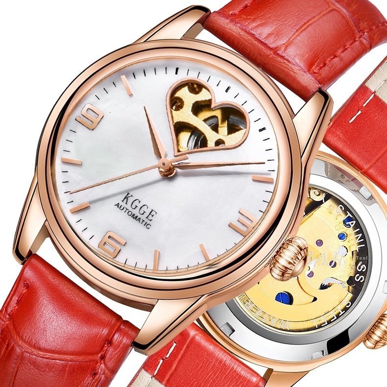 Elegant Women's Automatic Watch with Luminous Skeleton Dial and Genuine Leather Strap