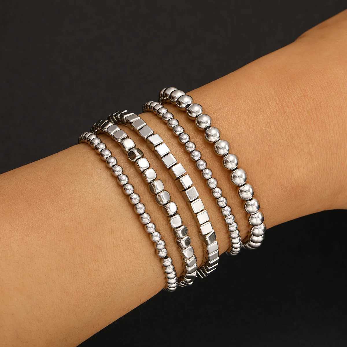 5pcs Boho Fashion Elegant Bracelets For Women New Vintage Geometric Gold Color Elastic Beads Chain Luxury Jewelry Gifts 2024XJ250109