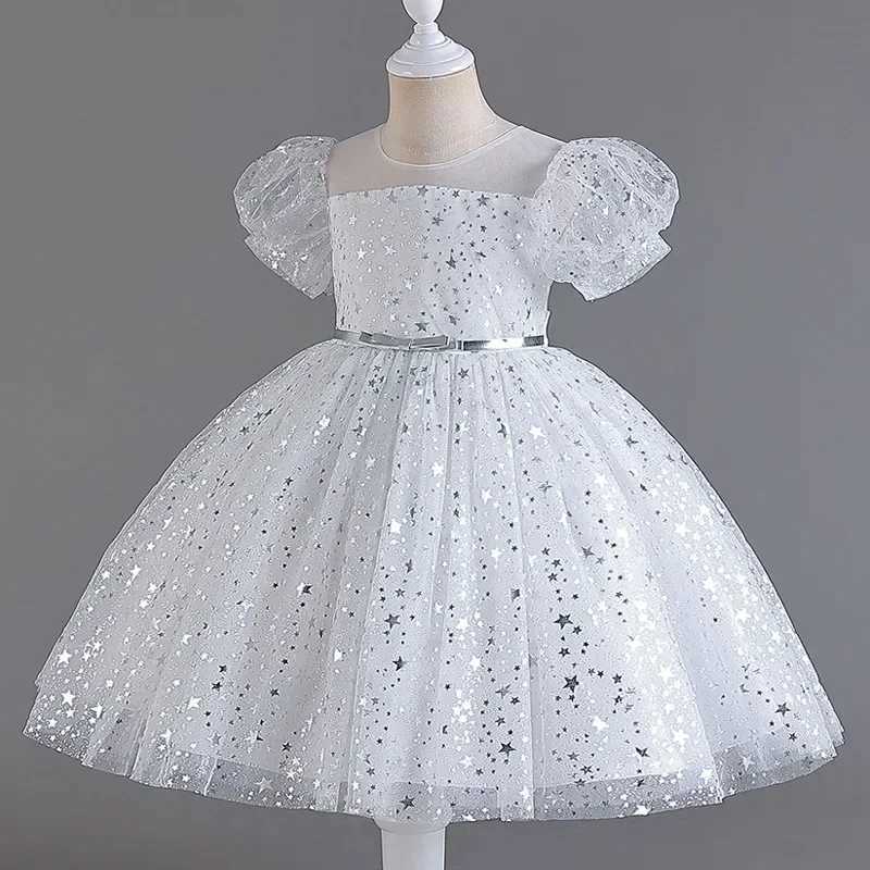 Fashion Solid Color Girls Sequin Dress Lace Mesh Short Sleeve Kids Girl Evening Gown Summer Girls Par Dresses 4-10 YearsXJ250108