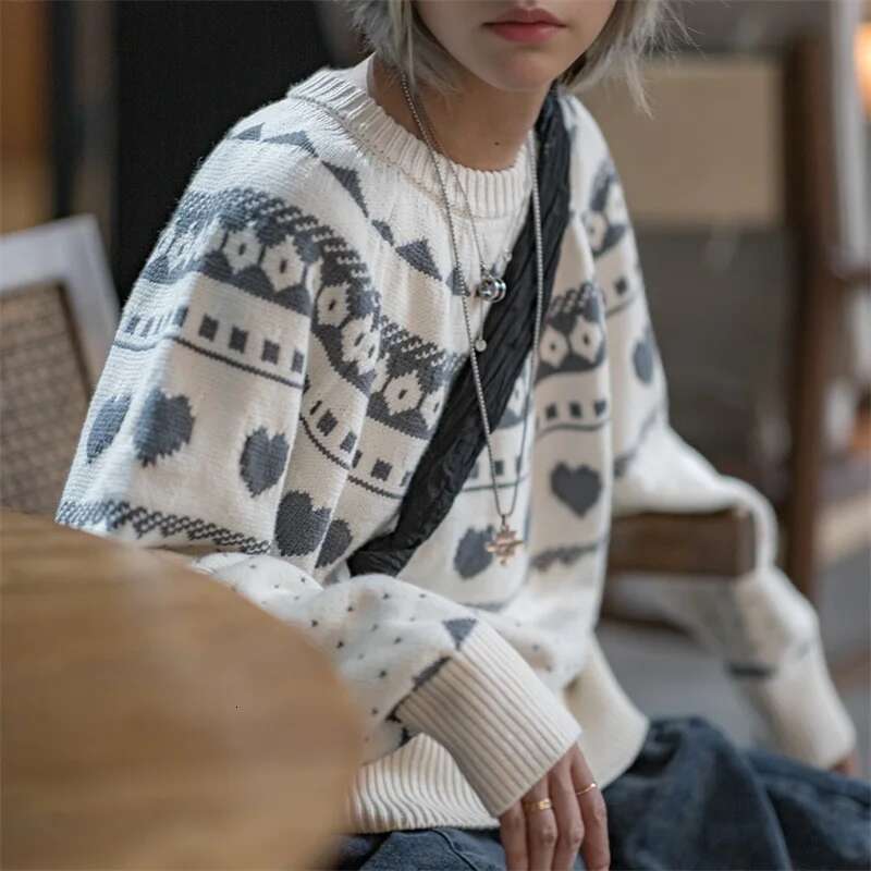 Maden Women Black Fair Isle Knitting Sweater Autumn Winter Long Sleeve Round-Neck Warm Bottoming Shirt Stretch Pullover Jumpers