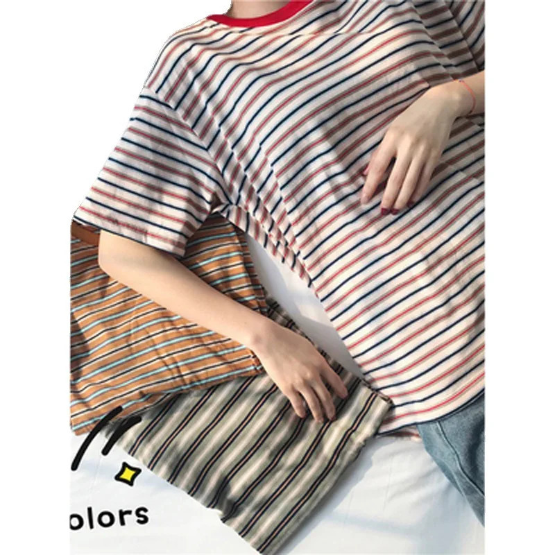 MRMT Womens Striped tShirts Contrast Color Women t Shirt Loose Woman Bottoming Shirts Tops Tees 250108