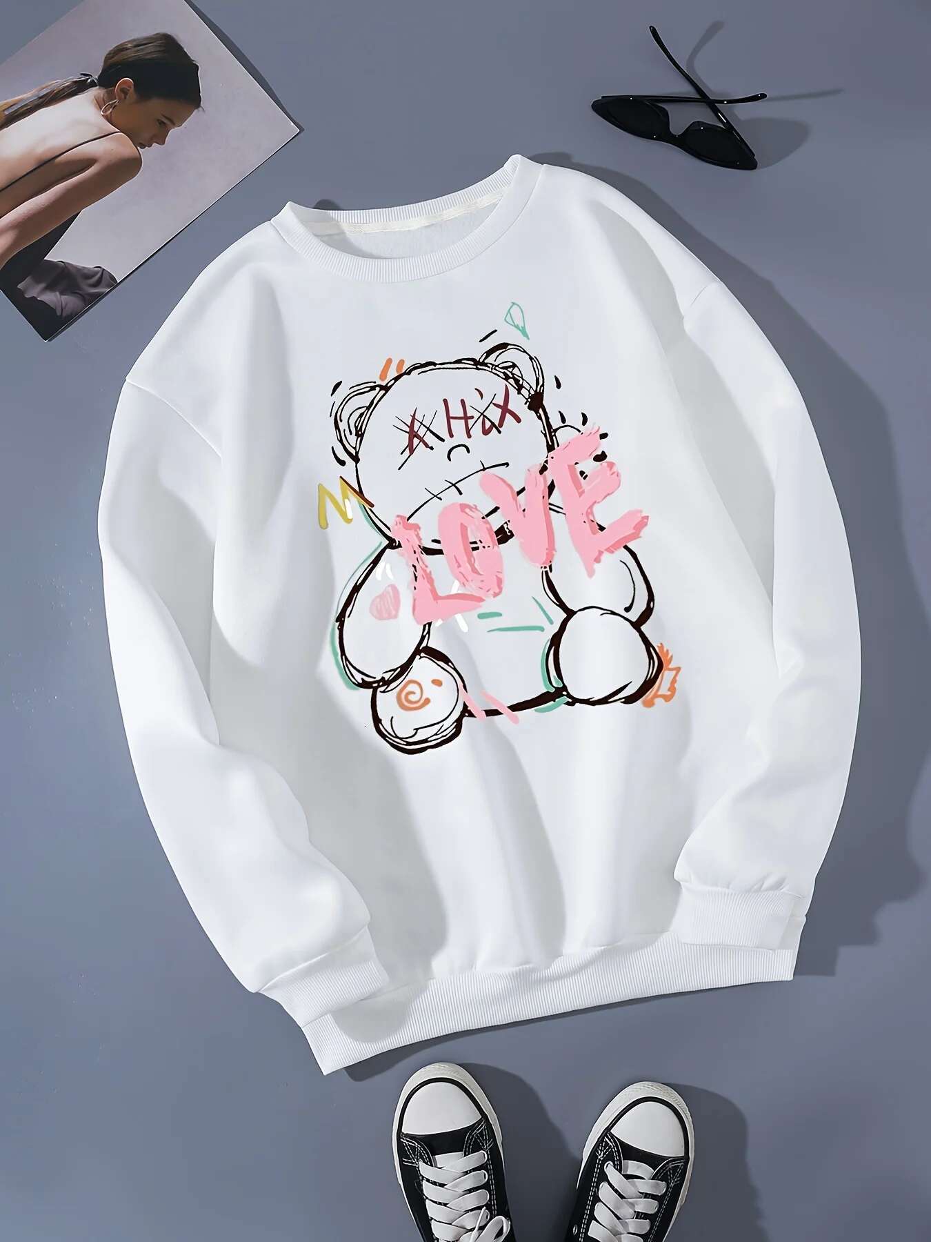 LOVE Teddy Bear Prints Sweatshirt Spring Women Casual Comfortable Pullover Warm Clothing Loose Crewneck Fleece Female Hoodies