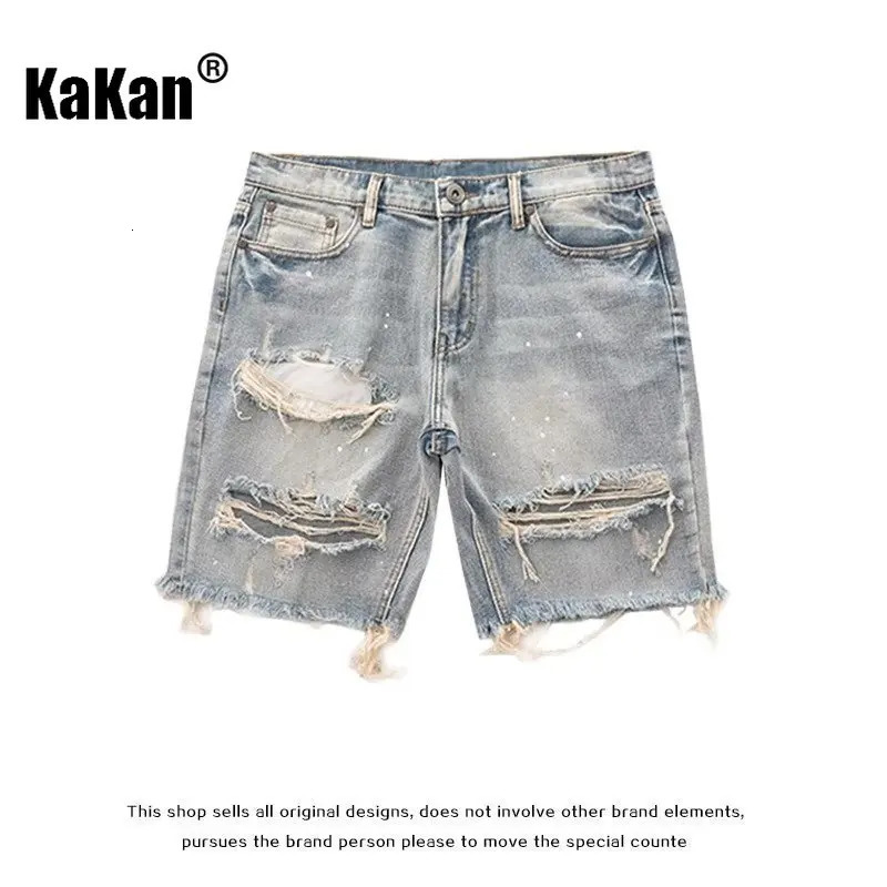 Kakan Summer Distressed Denim Shorts for Men Korean Youth Slim Fitting Small Leg Quarter Pants Jeans K58DK322 250106