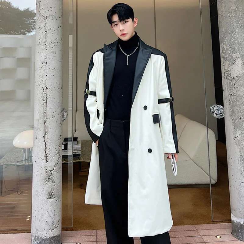 Korean Stylish Long Windbreaker Coat Men's Autumn Color Contrast Splicing Design Trendy Original Leather Outerwear C98683