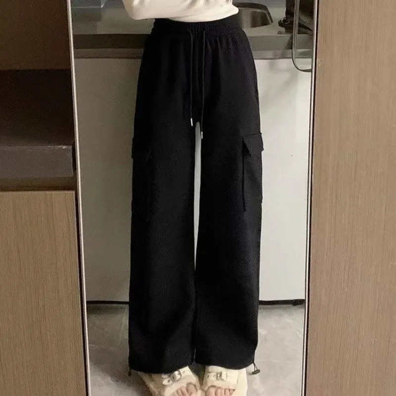 Plus Velvet Cargo Pants Women Men High Waist Drawstring Baggy Trousers Harajuku Big Pocket Oversized Wide Leg Sweatpants 250109