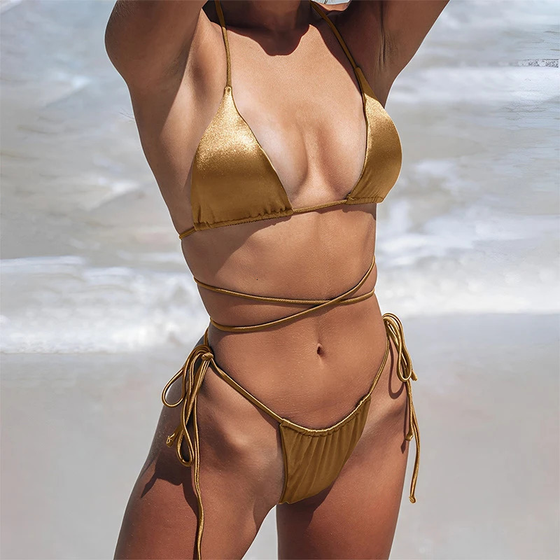 Sexy Micro Bikini Women Swimsuit Swimwear Triangle Biquini Thong Bikinis Set Halter Swimming Female Bathing Suits Beachwear 250106