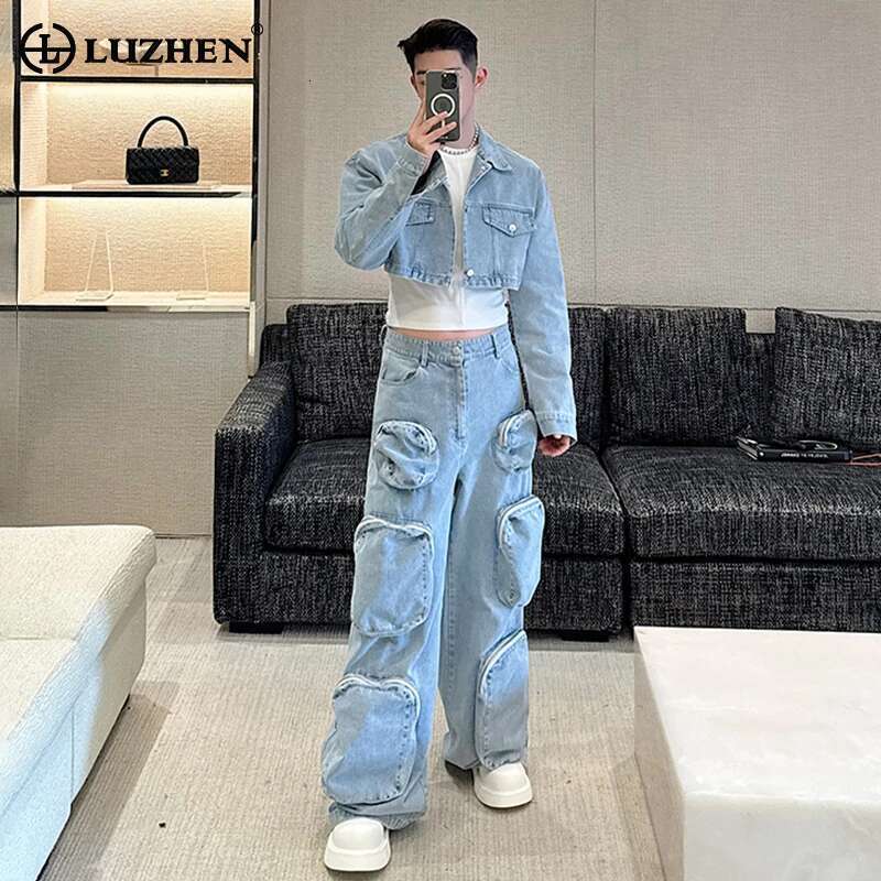 Autumn Stylish Splicing Design Denim Jackets Two-Piece Sets Men's 2024 Personality High Street Multi Pockets Pants