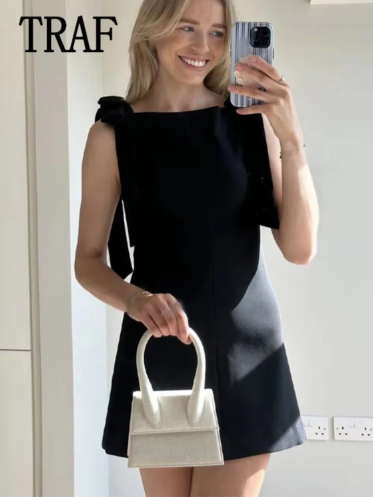 TRAF Women Black Slip Short Dresses Fashion Bow Elegant Party Butterfly Mini Dress Ladies Sleeveless Velvet 250106