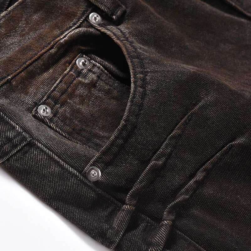 High Street Straight Jeans Pleated Rusty Wornout Design Personalized Wide Leg Denim Pants American Cowboy Trousers