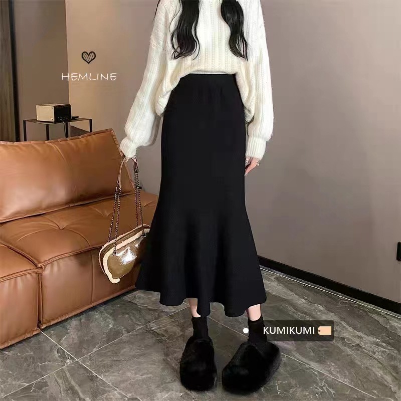 S1330 Fishtail Skirt Women's Early Spring Elastic Slimming Wool Hip Skirt High Waist Slim Mermaid Princess Midi Skirt