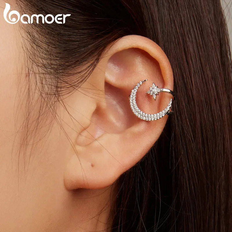 925 Sterling Silver 1PC Star and Moon Ear Cuff Pave Setting CZ Shiny Ear Clip for Women Birthday Gift Fine Jewerly BSE701 250103