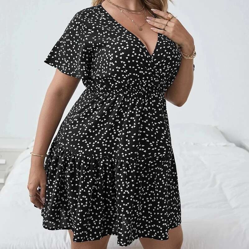 Plus Ral Print Summer Casual Tiered Women Short Sleeve Heart Pattern Boho Large Size Fit Flare A-E Dress