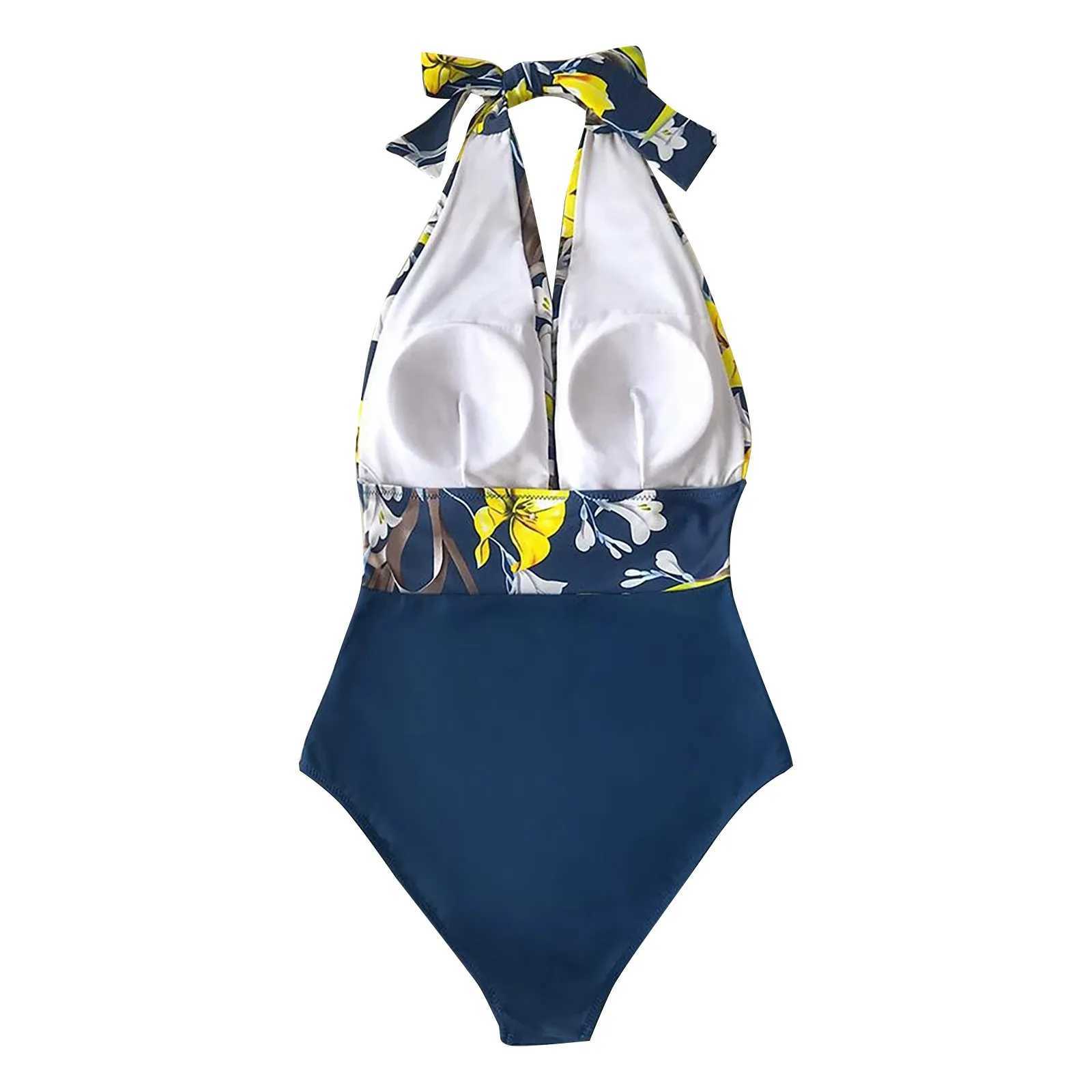 Y2k One-Piece Monokini Swimsuit Women Trendy Flower Print Deep V-Neck Swimwear Sexy Halter Neck Bathing Suit Hawaiian BeachwearXJ240108