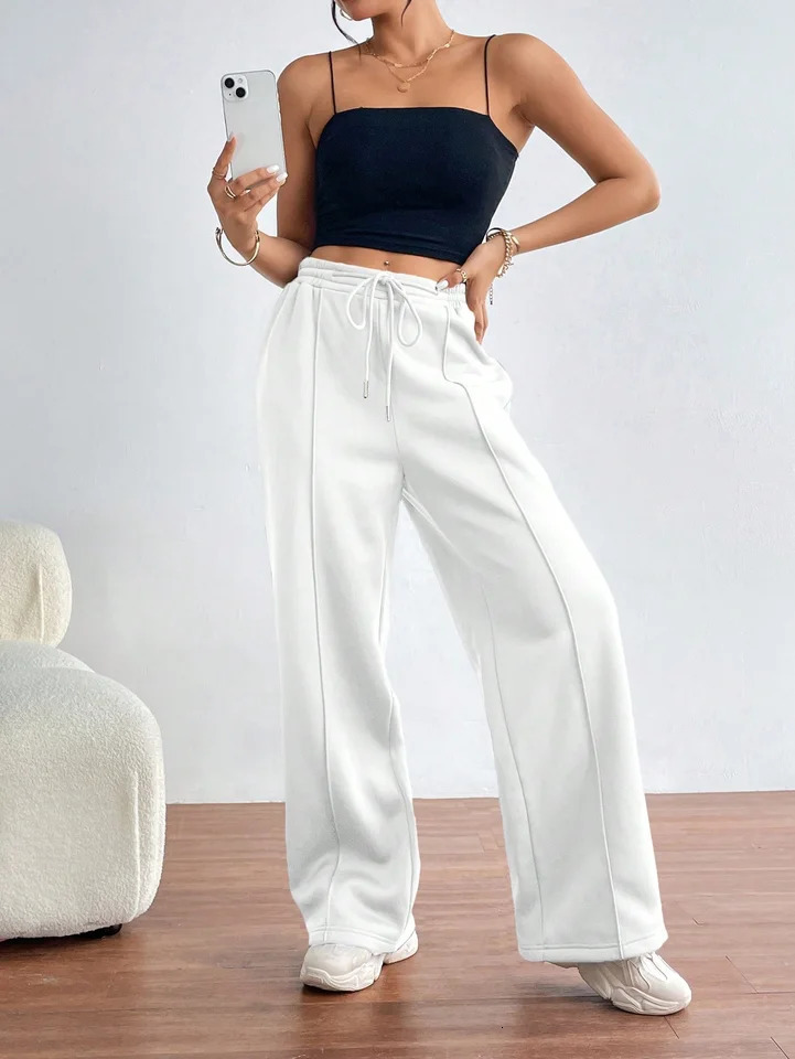 Women Wide Leg Sweetpants Winter Thick Casual Pants Straight Elastic Waist Drawstring Fitness Joggers Travel Basic 250106