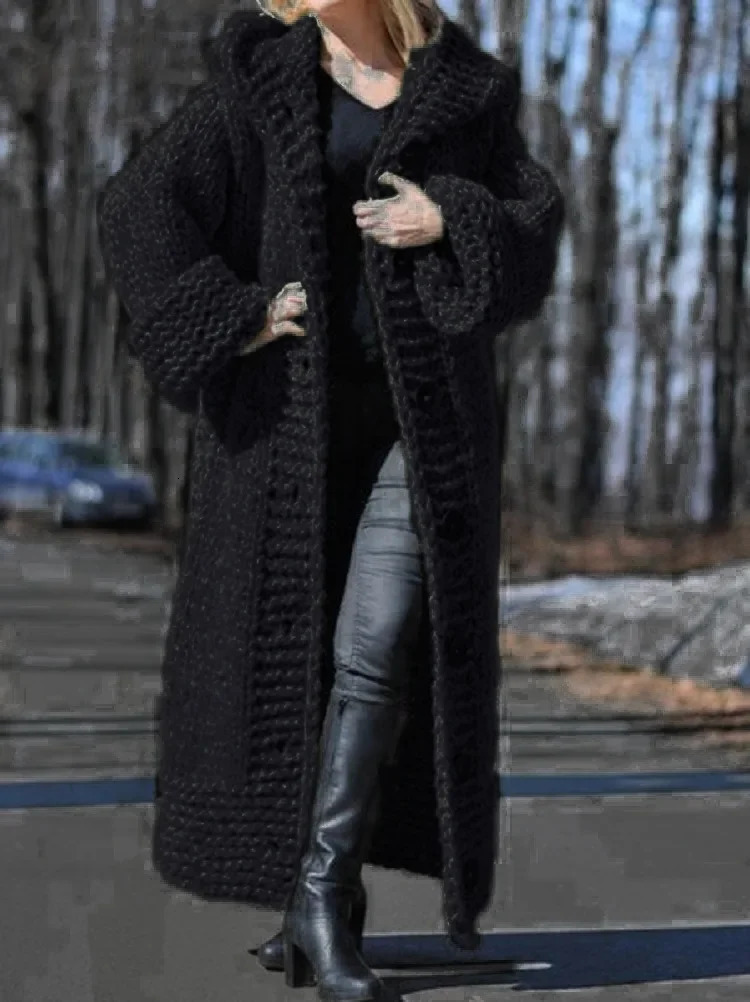 Cardigan Women Hooded Knit Sweater Thick Coat Button Long Jumpers Solid Elegant Loose Coats Jumpers Casual Lady Winter 250106