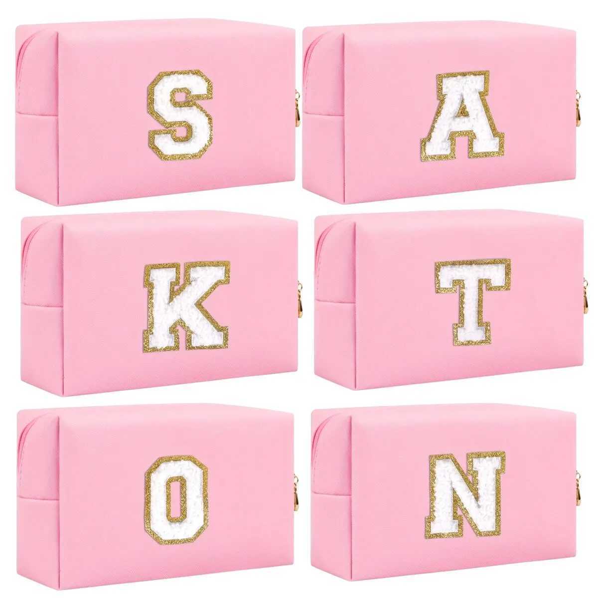 Initial letter patch makeup bag pre made portable chenille letter makeup bag with zipper PU leather waterproof travel toilet W250109