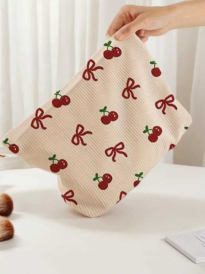1 piece Corduroy zipper makeup bag with pink butterfly pattern lightweight multifunctional makeup storage bag W250109