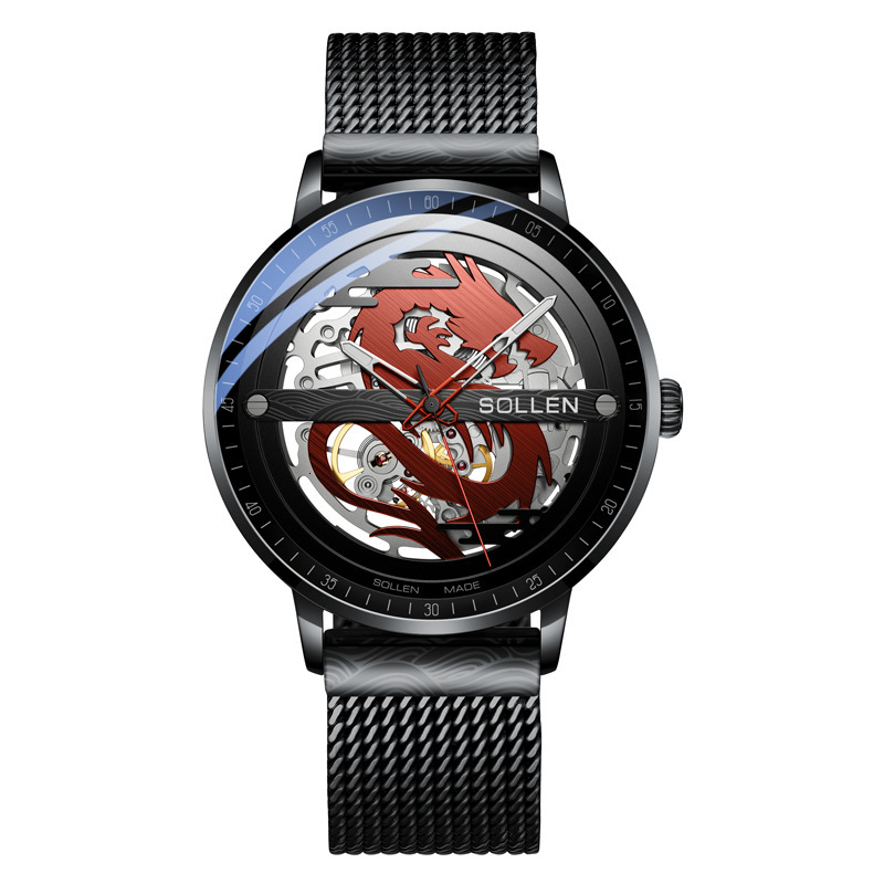 Men's New Style Automatic Mechanical Watch with Dragon Design and Skeleton Dial