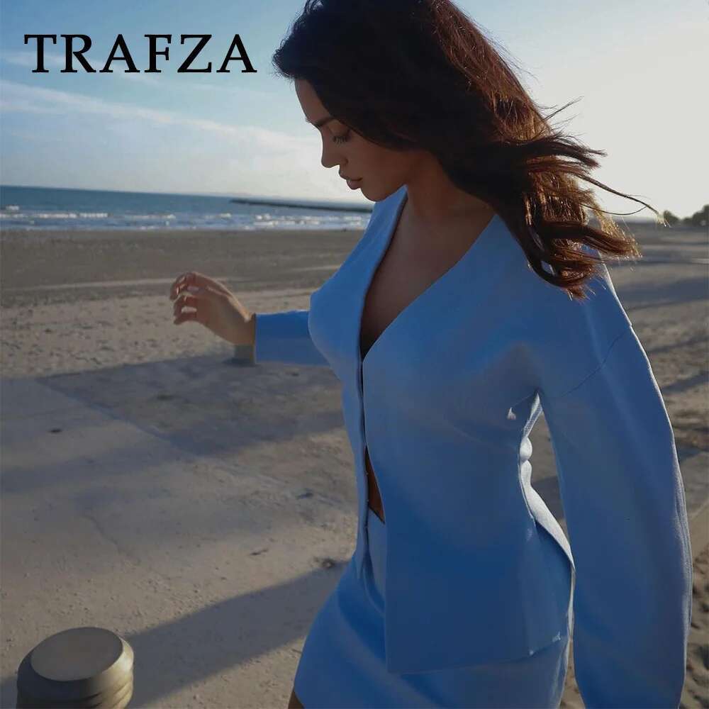 TRAFZA 2025 Spring Summer Sexy Solid Knitted Women Suits Fashion Nightclub V Neck Single Breasted Shirts+Chic Mini Pencil Skirts