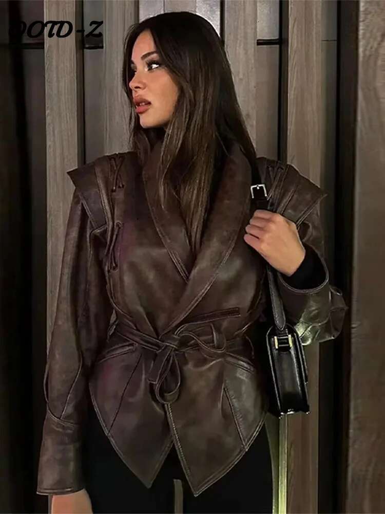 Faux Leather Brown Women Jackets Belt Lace Up Lapel Female Coat Vintage Casual Autumn One Button Long Sleeve Lady Outwear
