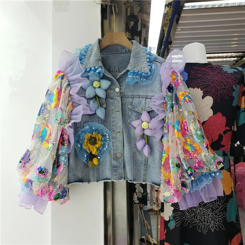 Fashion Hem Burrs Denim Jacket Women Sequins Mesh Lantern Sleeve Big Pocket Cowboy Outerwear Loose Short Jeans Jackets Female 250109