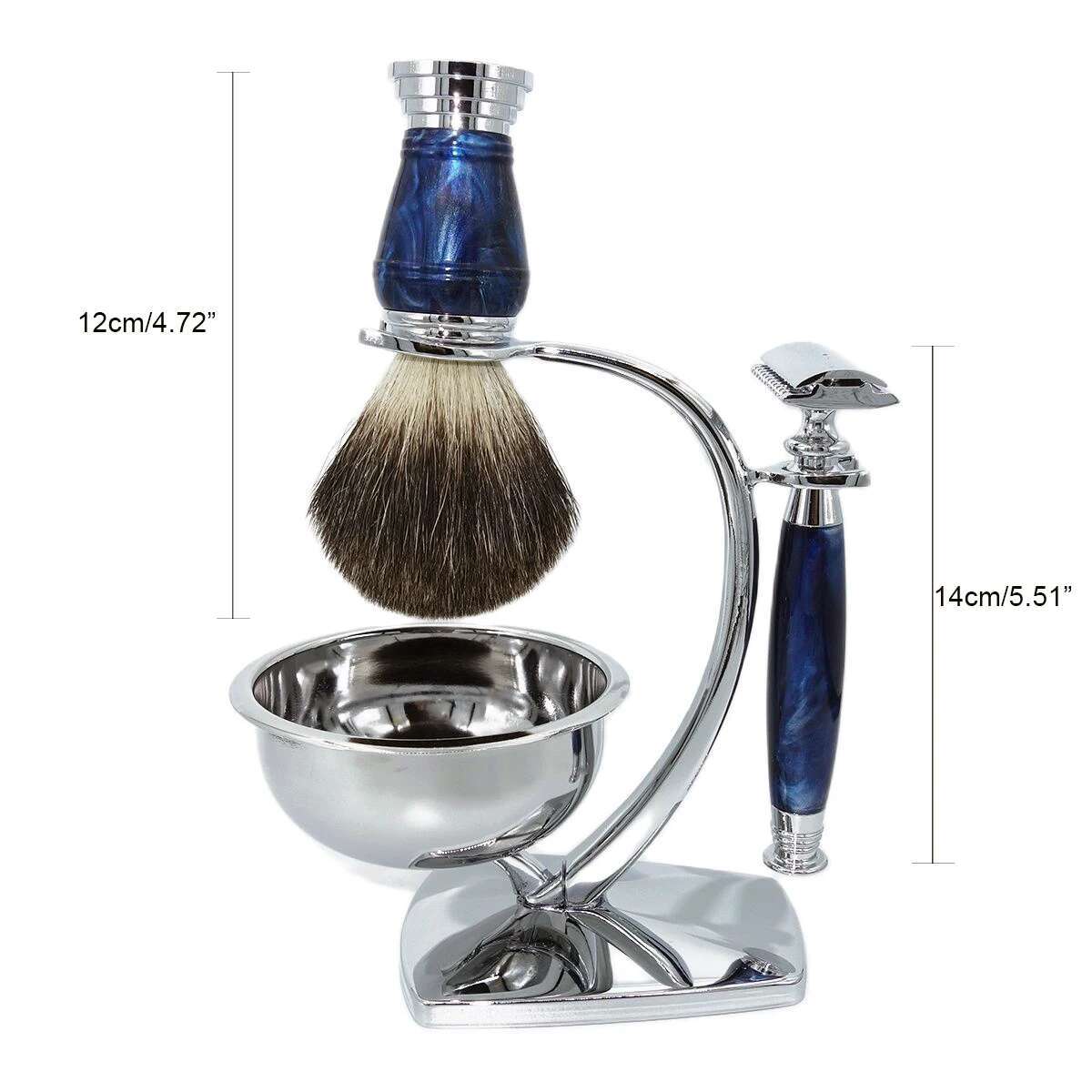 Magyfosia Classic 4 in 1 Mens Shaving Kit T-Shaped Double Edges Close Smooth Razor Royal Blue Handles Brush Stand & Soap Bowl