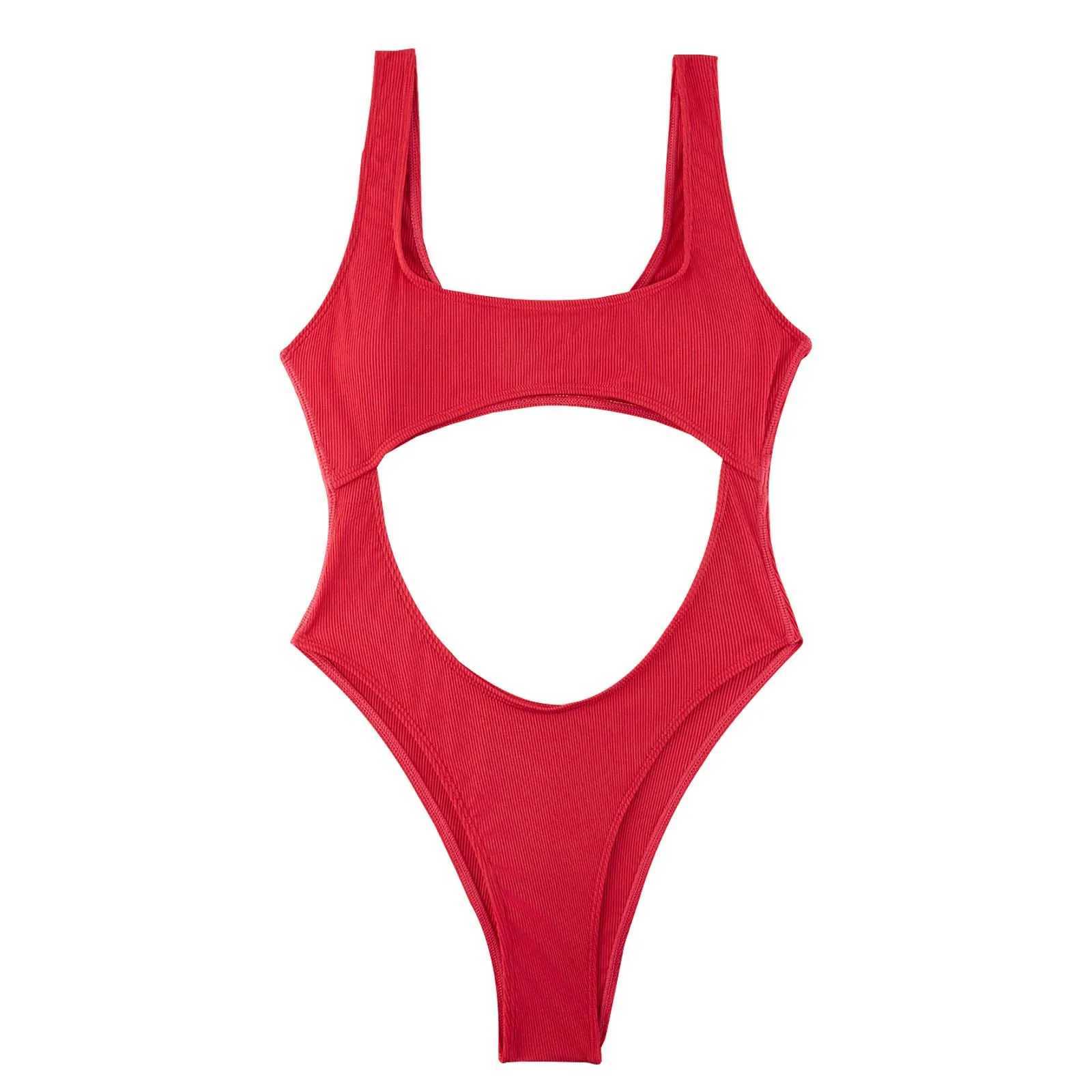 Sexy Hollow Out Swimsuit Womens Solid Bikini Summer 1 Piece Swimwear SquareNeck ss Monokini Fa Bathing Suit BeachwearXJ240108