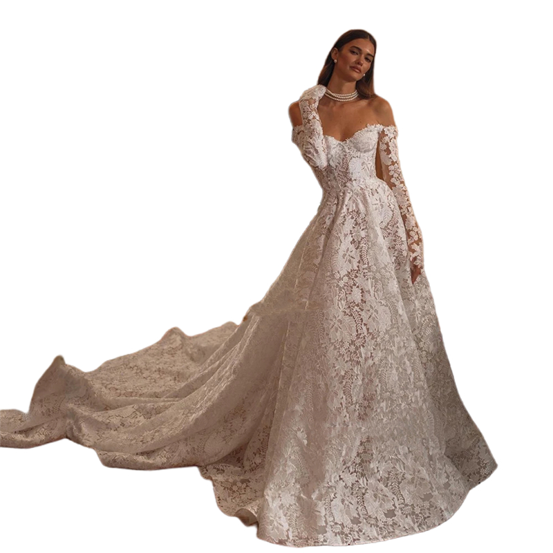 Boho Lace A-Line Wedding Dresses Off Shoulder Long Sleeves Beach Bridal Gowns Court Train Back Lace-Up 2025 Gorgeous Garden Bride Dress