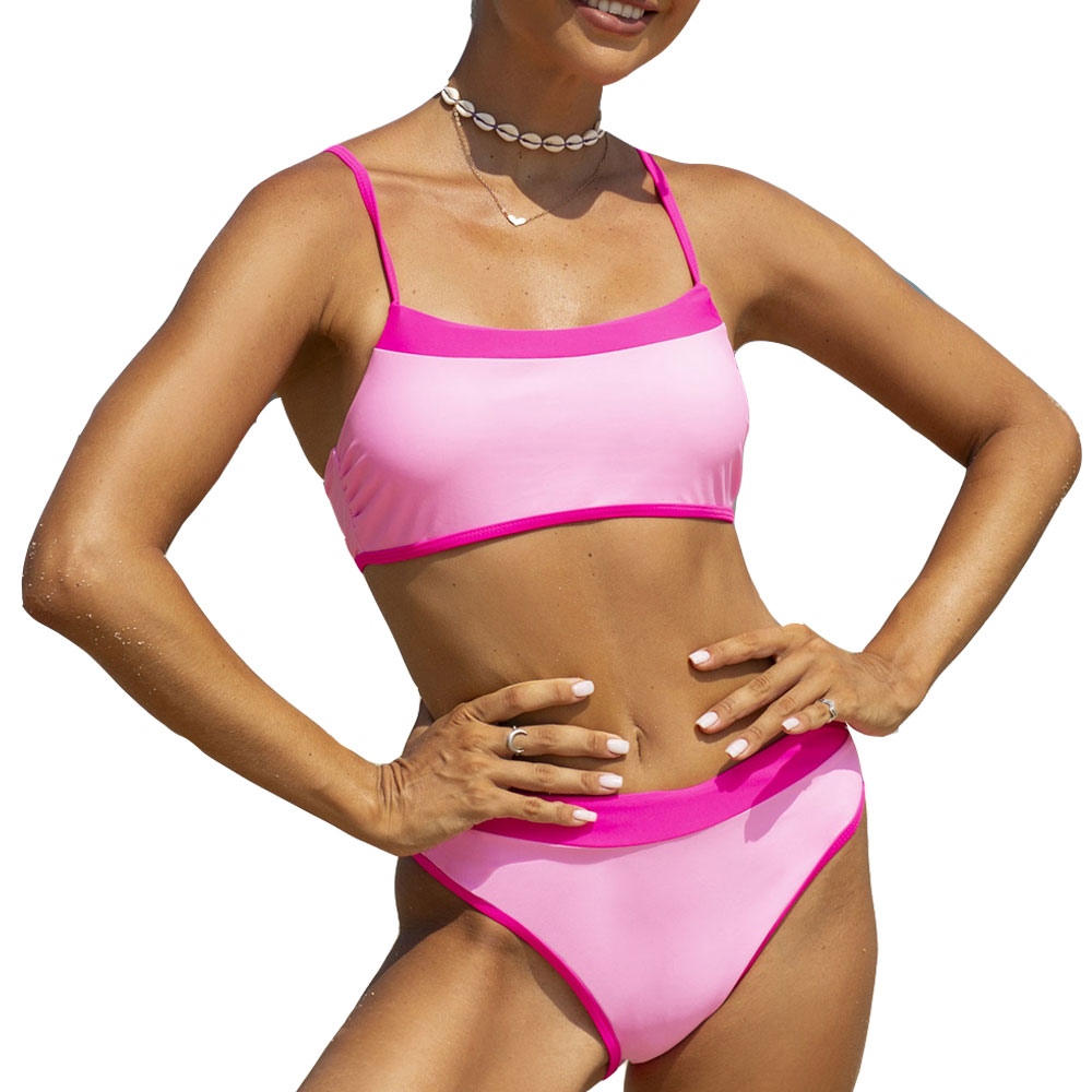 2025 New Arrival Women's Swimsuits Summer Bikini Color Block Adjustable Strap Soft Cup Padded High Wasit Pink Bikini Set