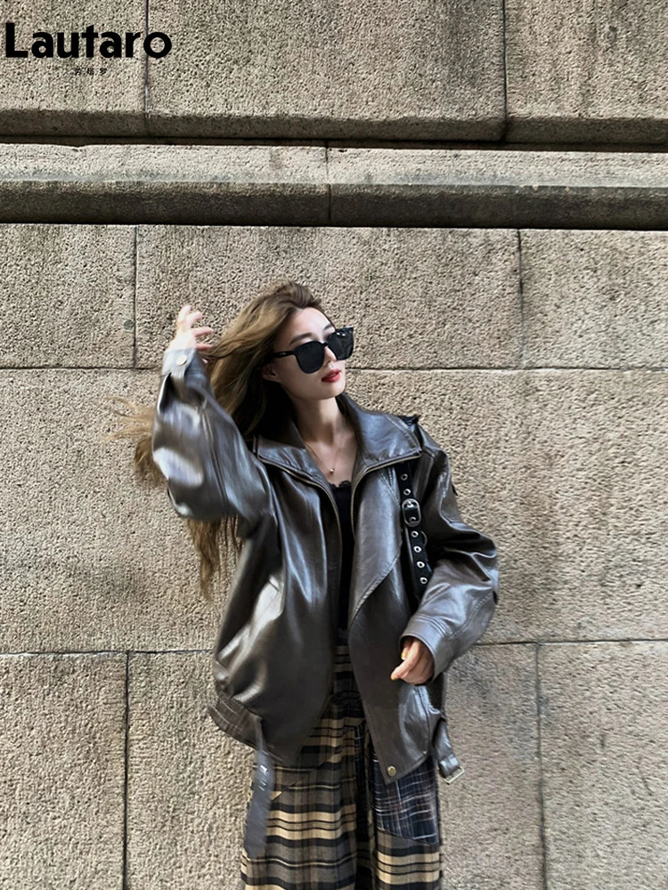 Lautaro Spring Cool Distressed Washed Brown Oversized Pu Leather Jacket Women Zippper y ner American Retro Clothing 250109
