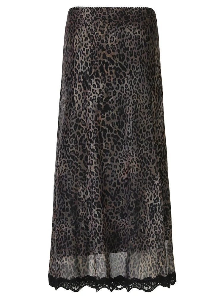 Retro Brown Leopard Y2K Long Skirts Women Lace Trim Hem Two Layers Mesh Vintage Aesthetic Elegant Fashion Clothing 250106