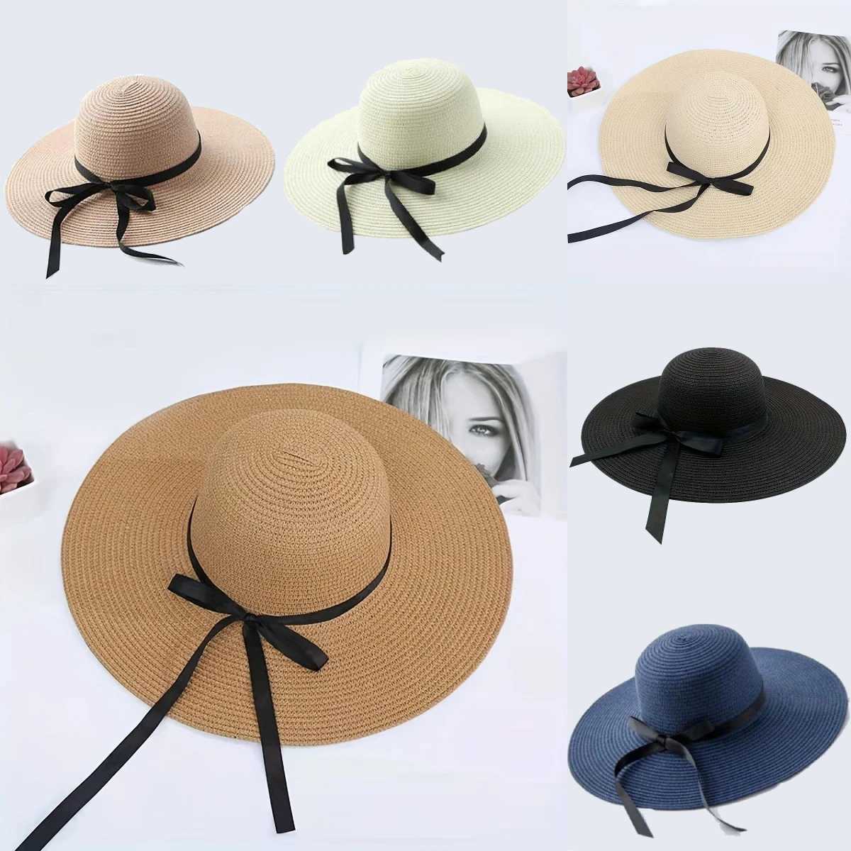 Black bow edge beach hat Wan fashionable and elegant folding sun protection hat large outdoor seaside vacation straw hat X250109