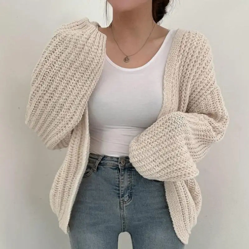 Women Knitted Cardigan Long Sleeve Sweater Jacket V-neck Oversized Loose Casual Balloon Sleeves Harajuku Cropped Cardigan 250106