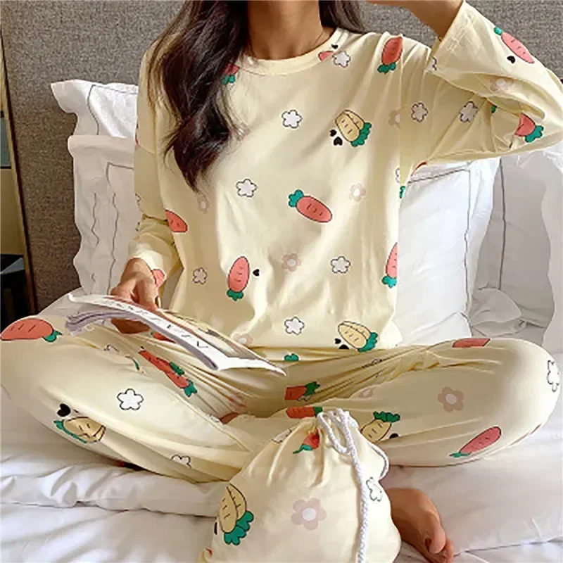 Spring Sleepwear Sets Set Pajama Cow Cartoon Long Sleeve Print Cute Women Twopieces Underwear 250106