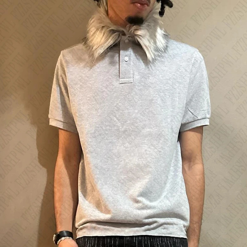 Fashion Short Sleeve Top Plush Patchwork Collar Hip Hop Solid color Tshirt Men Y2K Clothes Vintage Streetwear Grunge Goth 250106