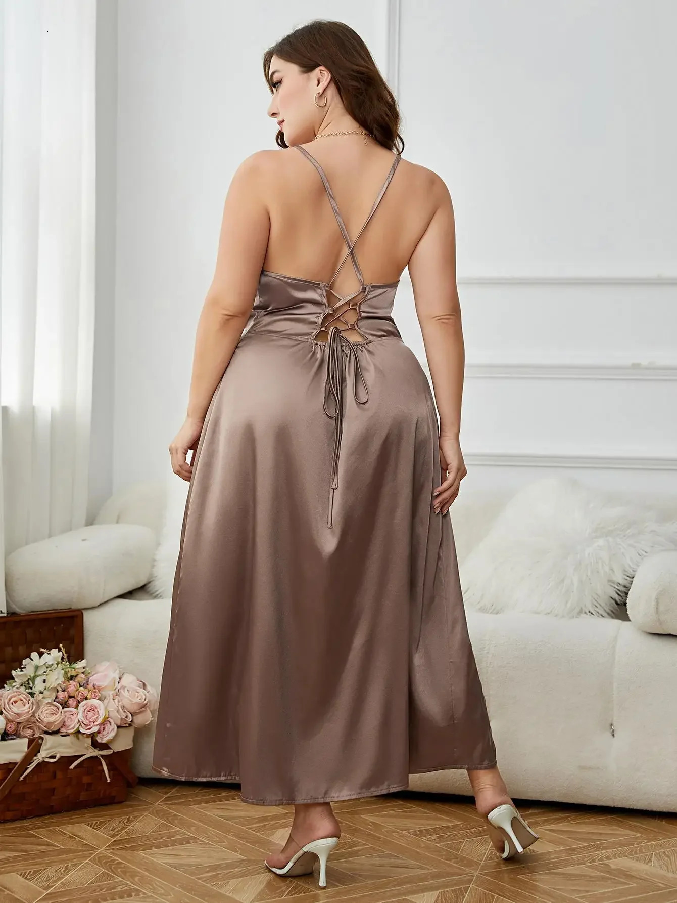 Plus Size Womens Sleeveless Criss Cross Backless Side Split Strappy Party Maxi Dresses Satin Sling Cowl Neck Solid Cami Robe 250106