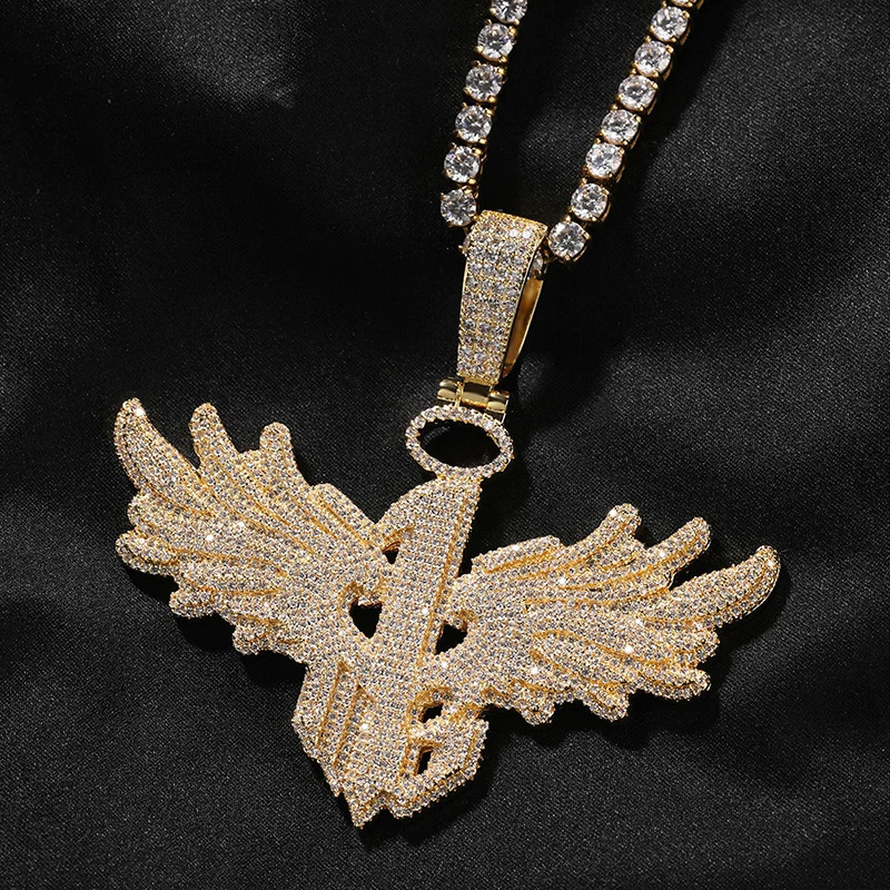 Hip Hop 5ACZ Stone Bling Ice Out Angel Wing Number 1 Pendant Necklace for Men Rapper Jewelry Gold Silver Color Drop 250109