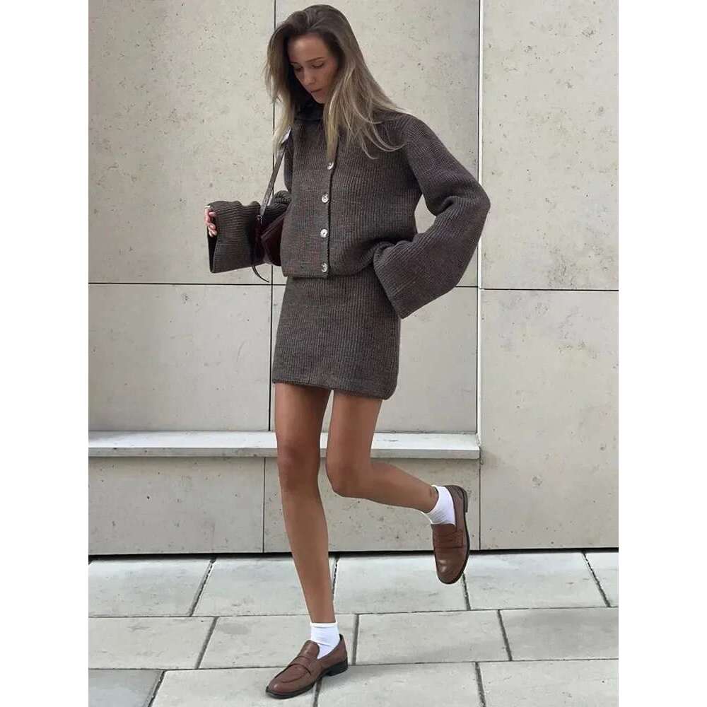 Women's Wear 2 Pieces Lapel Long Sleeve Single Breasted Cardigan Short Skirt Suit Elegant Solid Knitted Sets For Women Lady Slim Fall Suits