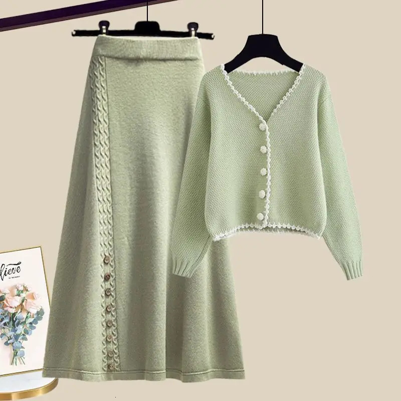 Spring Autumn Womens Clothing Suit Fashion Elegant Green Cardigan Sweater High Waist Half Skirt Two Piece Set Knitwear 250106