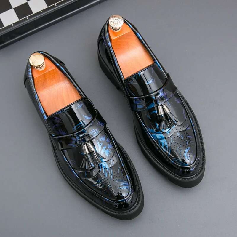 Patent Leather Tassle Slip On Loafers Brogue Chunky Sole 4Cm Casual Party Wedding Shoes For Men Free Shipping