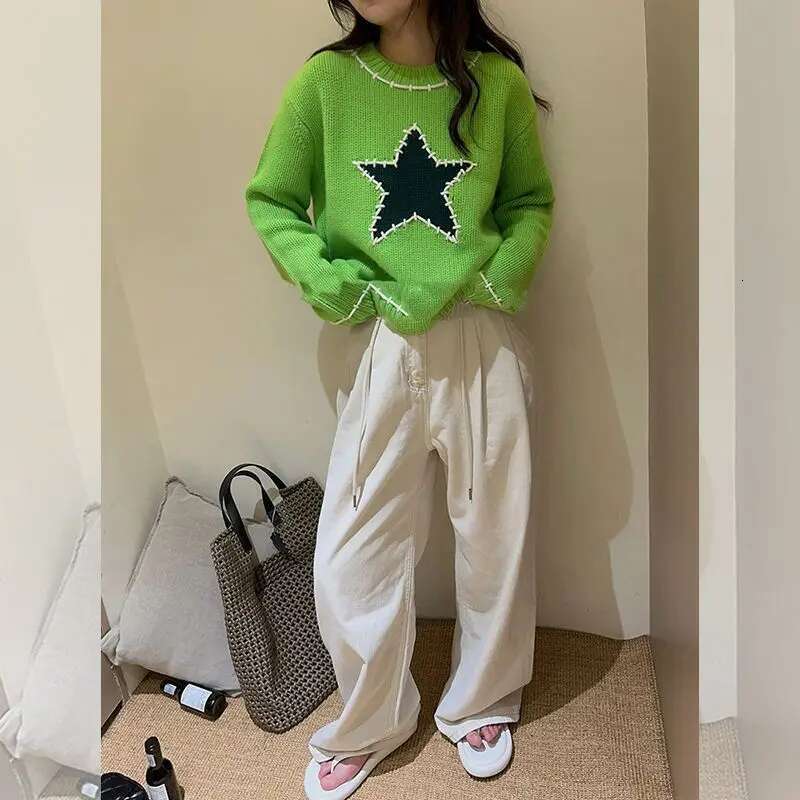 Korean Fashion Star Green Long Sleeve Sweater For Autumn/Winter New Round Neck Loose Casual Knitted Pullover Women Tops