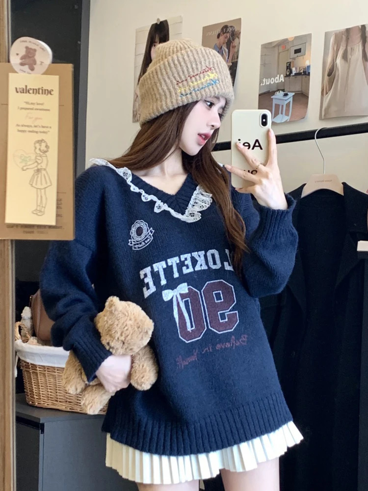Zoki Lace Patchwork Sweet Sweaters Women Cute Letter Loose Knitted Pullovers Casual Long Sleeve Lazy Wind Elegant Retro Tops 250108