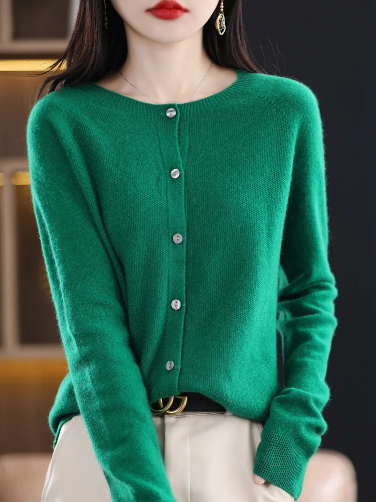 Addonee Women 100% Merino Wool Sweater Cashmere O-neck Cardigan Raglan Sleeve Classical Knitwear Solid Fashion Basic Clothing 250106