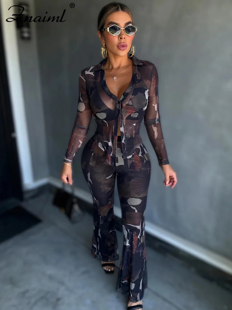 Znaiml Elegant Mesh Tie Tye Print Full Sleeve Single Breasted Shirts Tops and Flare Pants Two 2 Piece Matching Sets Women Outfit 250106