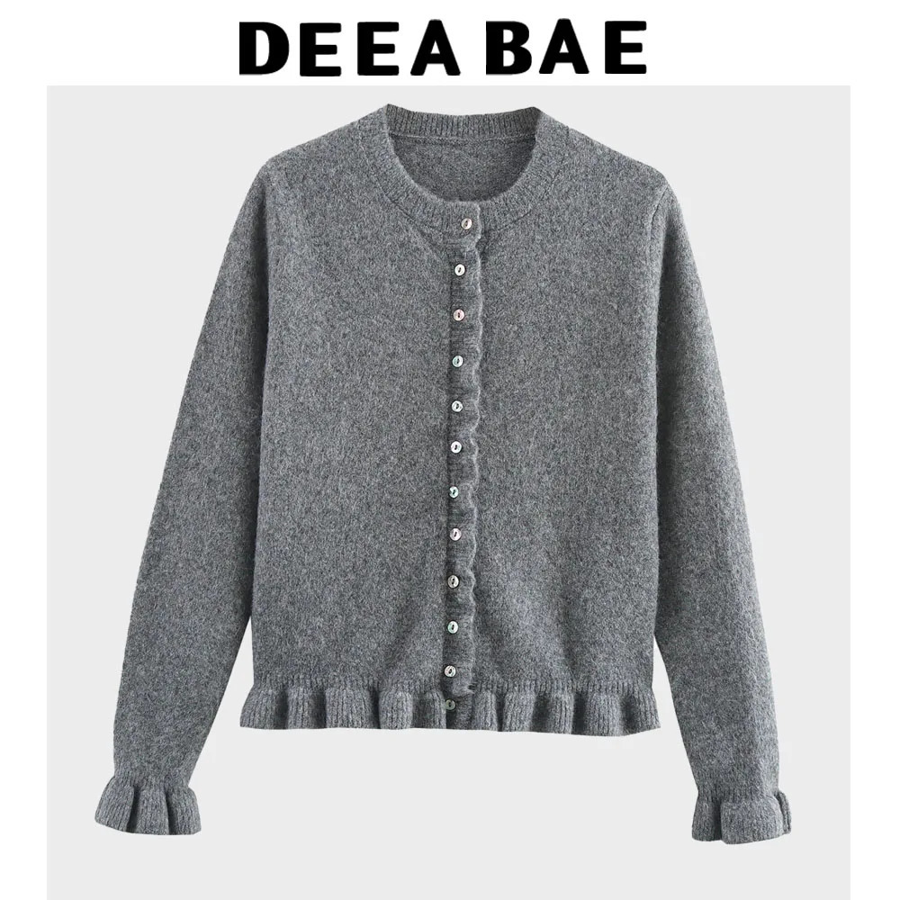 DEEABAE Korean Style Womens Clothing Ruffles Cardigan For Women Layered Decoration Long Sleeve Knitwear Solid Color Sweater 250108
